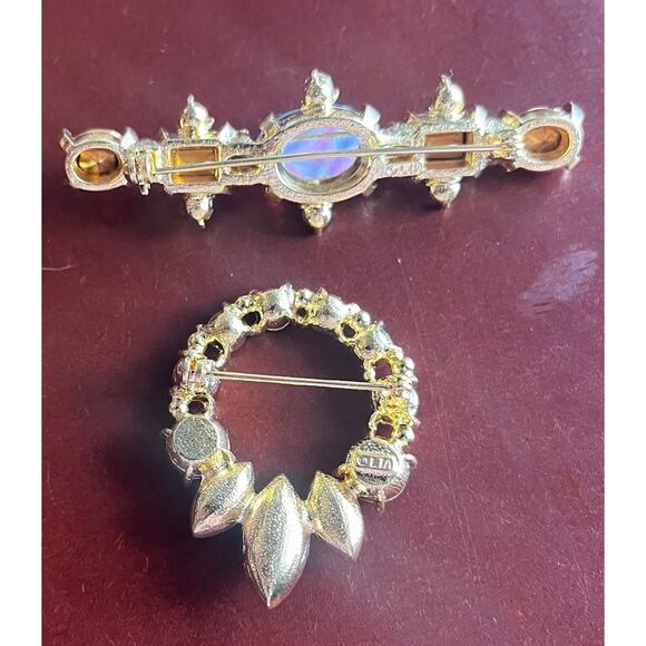 Lia Wreath Bar Brooch Pin G old Tone Lot Red Yellow Rhinestone Matching Gift Set - Picture 9 of 13